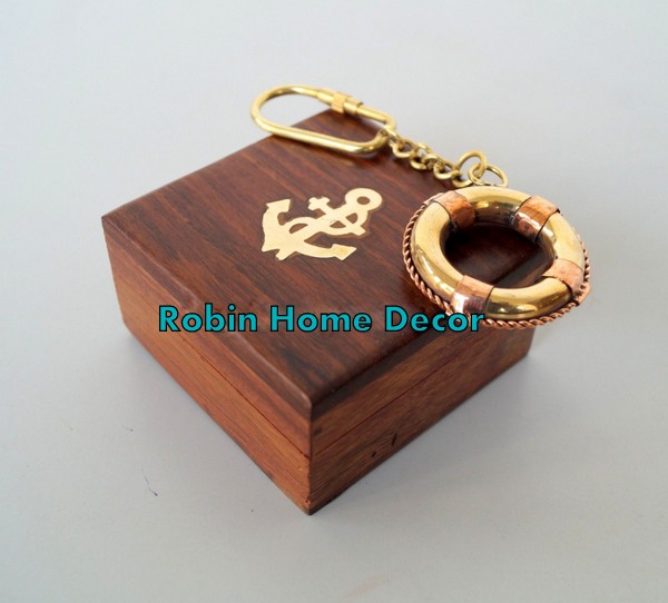 NAUTICAL COLLECTIBLE BRASS SWIMMING TUBE KEY CHAIN KEY RING WITH WOODEN BOX GIFT